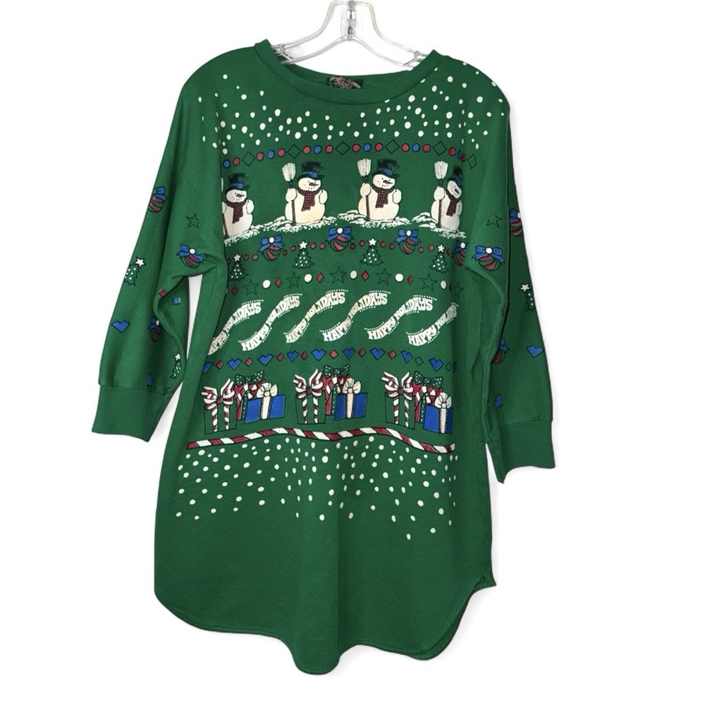 Vintage Starlit Nights Christmas Nightshirt Snowman Green O/S USA Sweatshirt